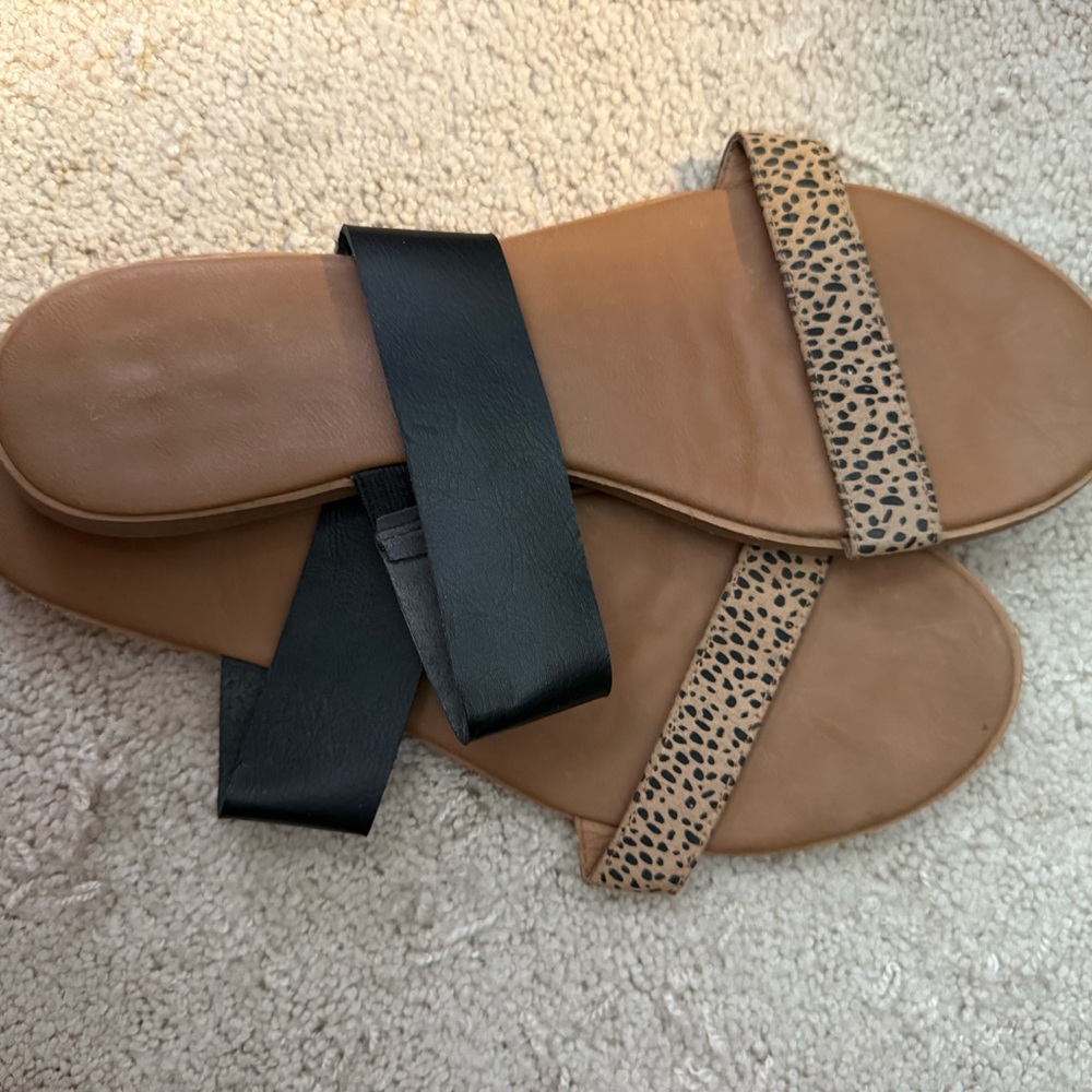 Target Tan Leopard Print and Black Strap Slide Sandals